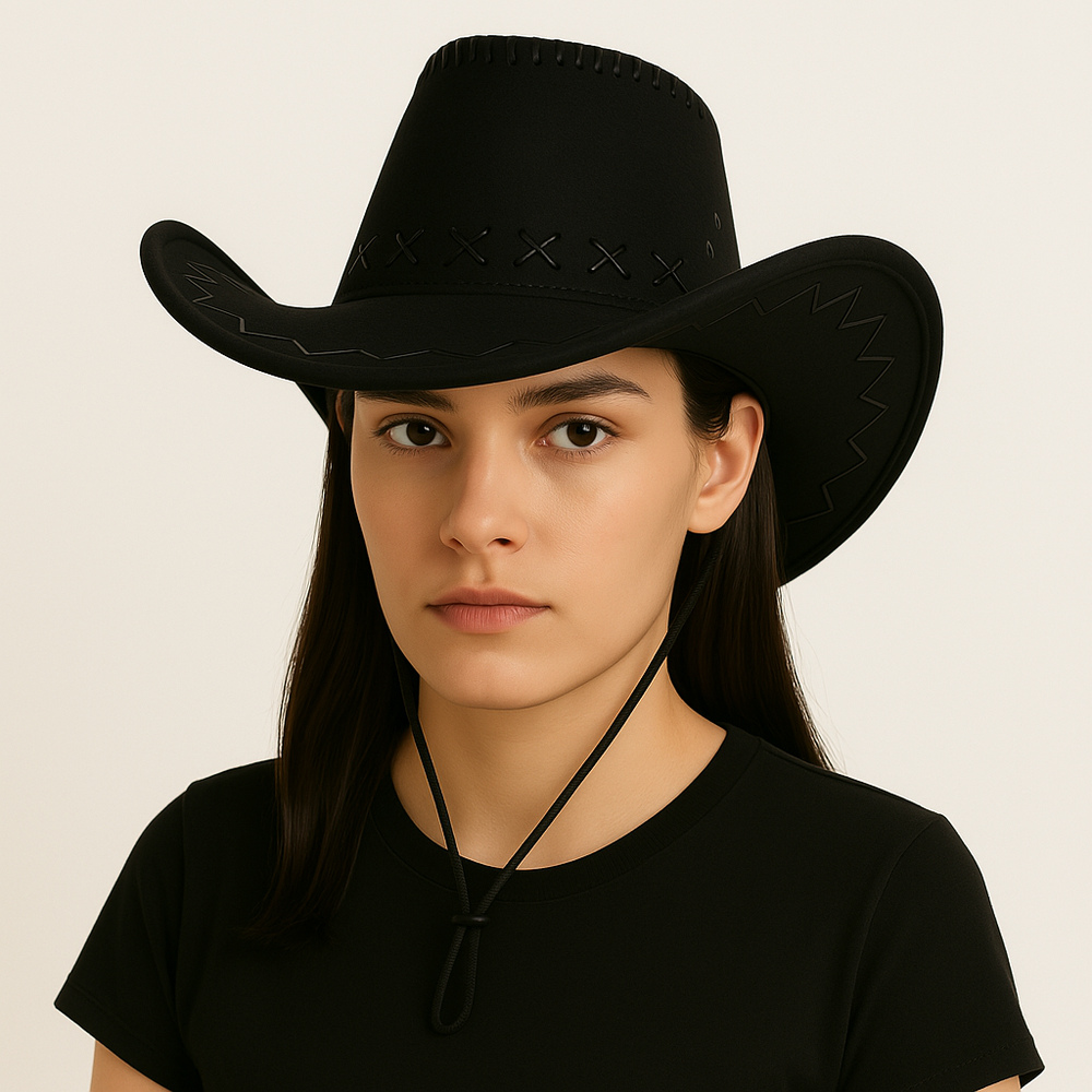 Western Stitch Cowboy Hat 🎯 Unisex | Festival Ready | Suede Look worn by a model with a serious expression.