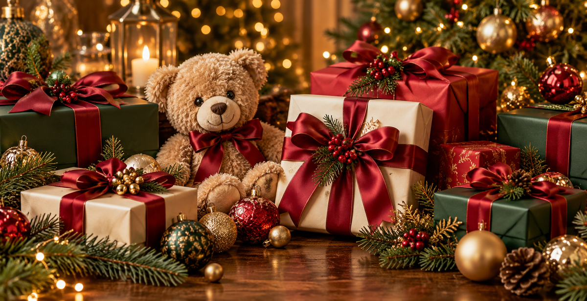 Christmas gift boxes with red ribbons, festive ornaments and a teddy bear