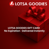 Lotsa Goodies Gift Card presented with a red gift box and bow, no expiration and delivered instantly.