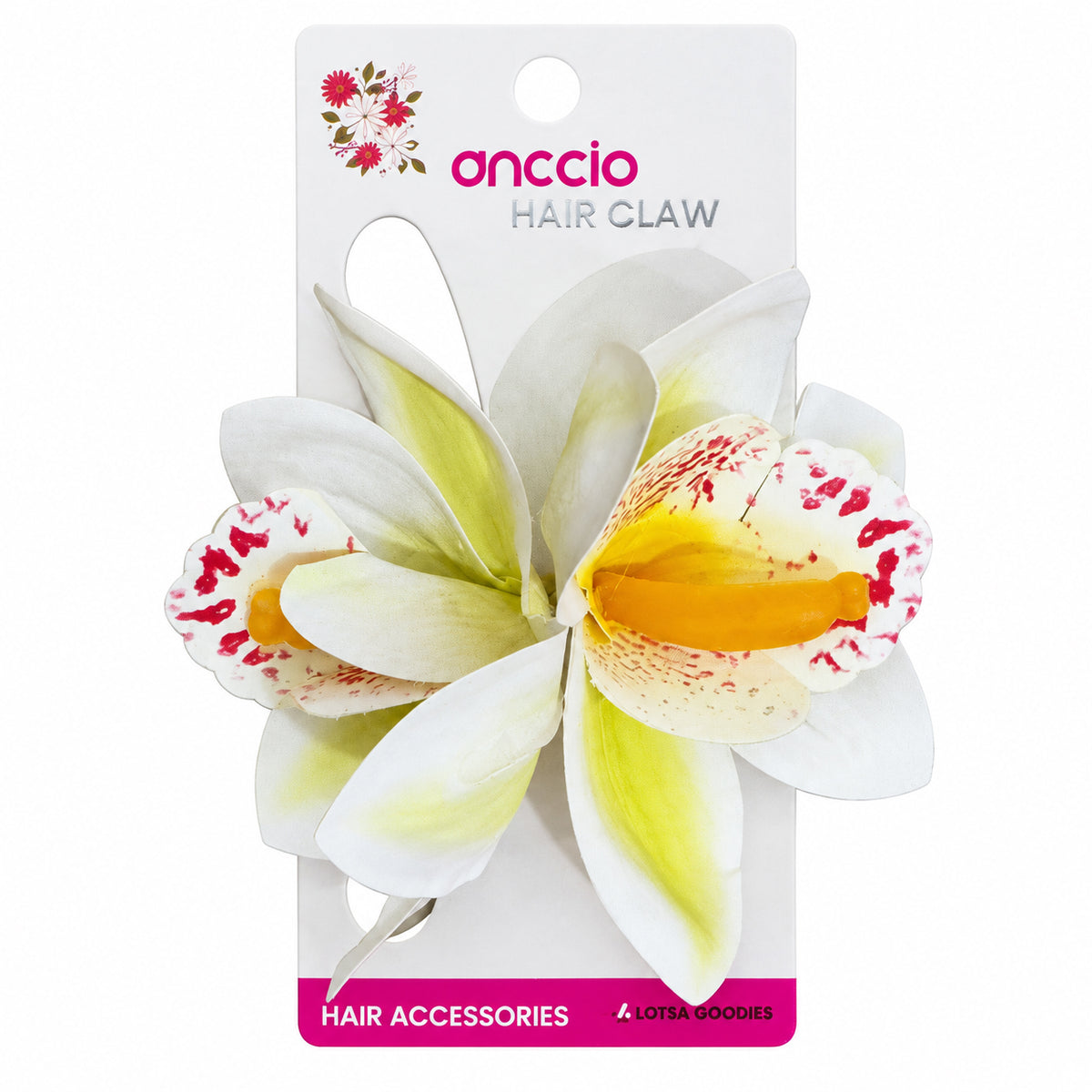 White orchid hair clip with yellow pink centres