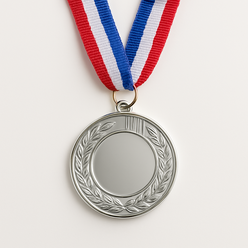 🏅 Metal Award Medal with Ribbon – Gold / Silver / Bronze Silver medal with red, white, and blue ribbon, classic laurel design.