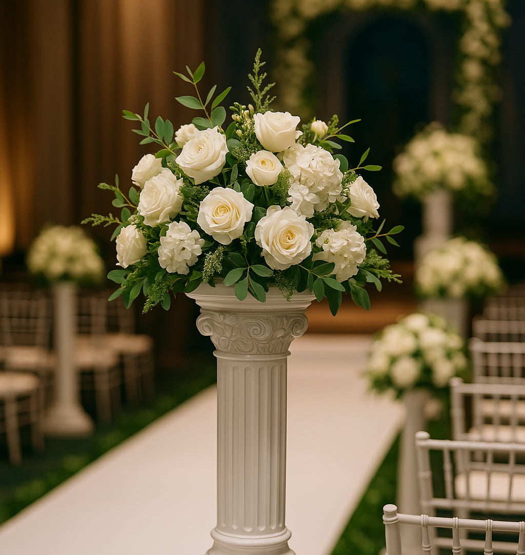 Classic White Pedestal Flower Stand (28×28×88cm) adorned with white roses at a wedding venue.