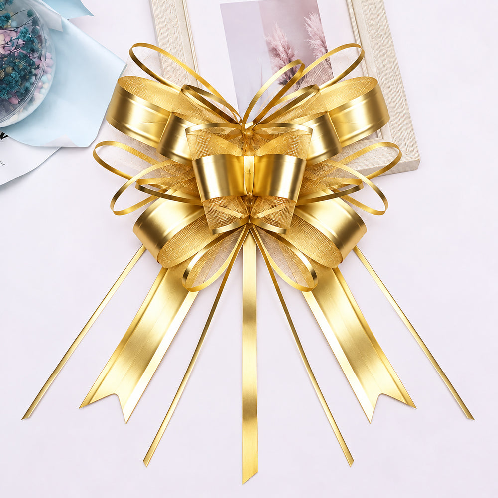 Gold extra large metallic gift bow 10cm x 2.4m, 5 pack