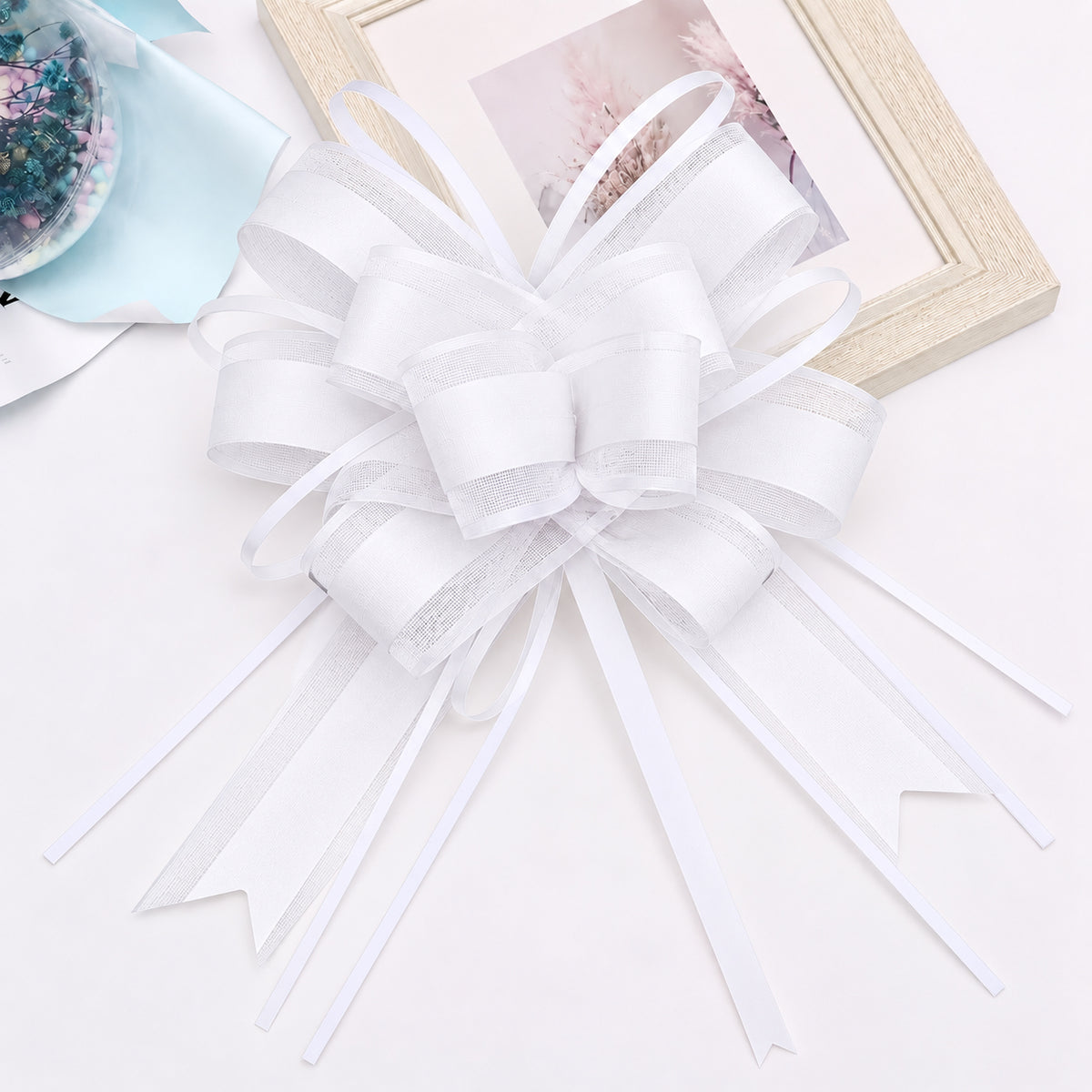 White extra large metallic gift bow 10cm x 2.4m, 5 pack